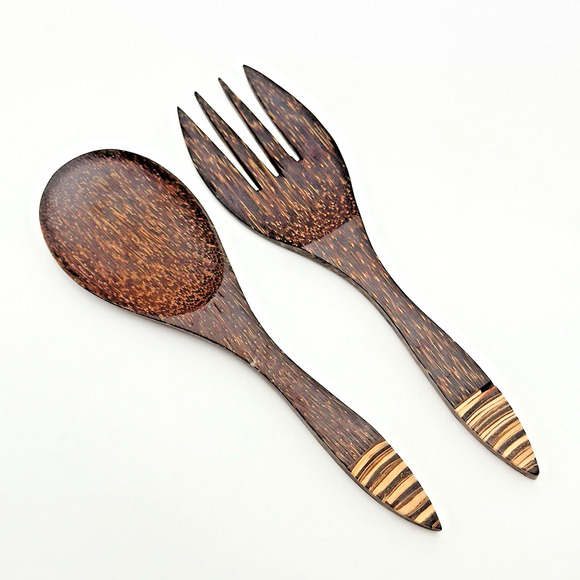 Coconut Palm Wood Salad Spoon Fork Server Tropical Tiki Tribal - Picture 1 of 7